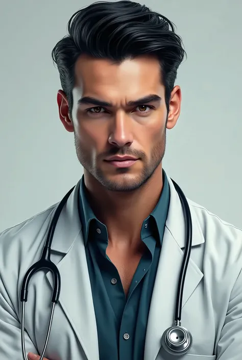 Hot male doctor, wearing white lab coat, has black hair slicked back and sharp eyes, he looks western, Stethoscope around his neck, broad shoulders and strong jaw, picture of his face and shoulders only, facing the camera with a smirk