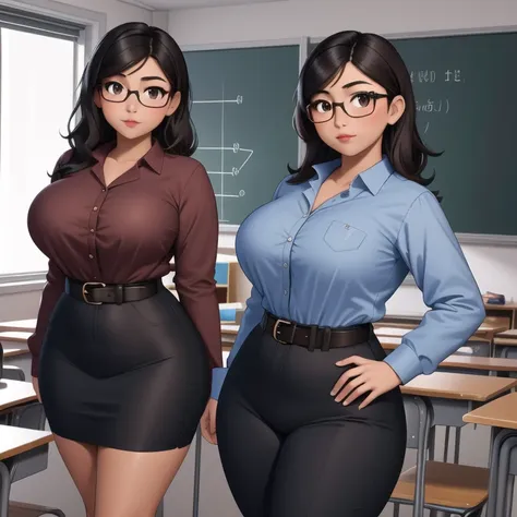 an awkward cute petite short skinny slightly curvy tan skin mexican teacher, medium wild volumetric hair, one wearing glasses, b...