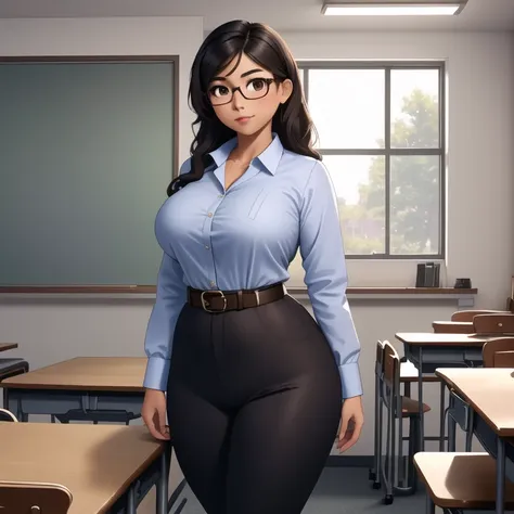 an awkward cute petite short skinny slightly curvy tan skin mexican teacher, medium wild volumetric hair, one wearing glasses, b...