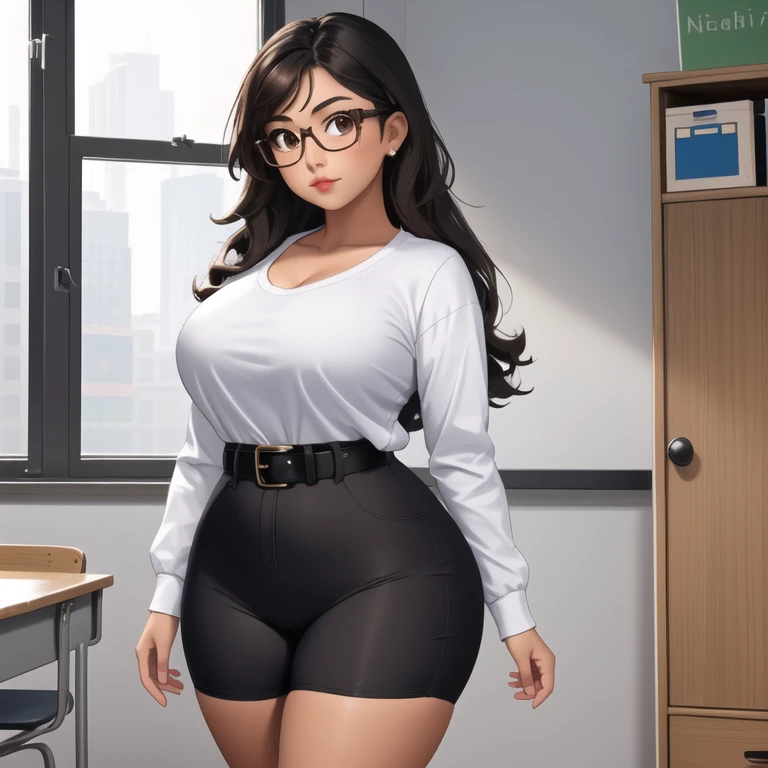 an awkward cute petite short skinny slightly curvy tan skin mexican teacher, medium wild volumetric hair, one wearing glasses, b...