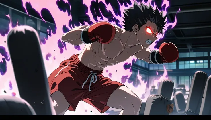 Male anime character, boxer, fighting sandbag, against the depression in his face, punching fiercely, aura, stand, glowing eyes, gym, no shirt, red shorts , boxing gloves