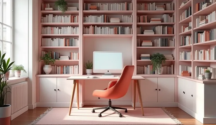 Empty Study、A feminine interior with a white and pink theme、Lots of books、The bookshelves are rich in books、Books filling the walls、White desktop computer、A cherry-colored chair facing this way