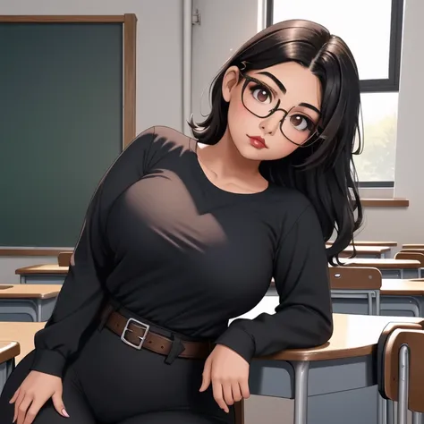 An adorable cute petite short skinny slightly curvy tan skin goth mexican teacher, medium wild volumetric hair, one wearing glasses, beautiful detailed brown eyes, cutely detailed lips, extremely cute detailed eyes and face, busty, voluptuous breasts, wide...