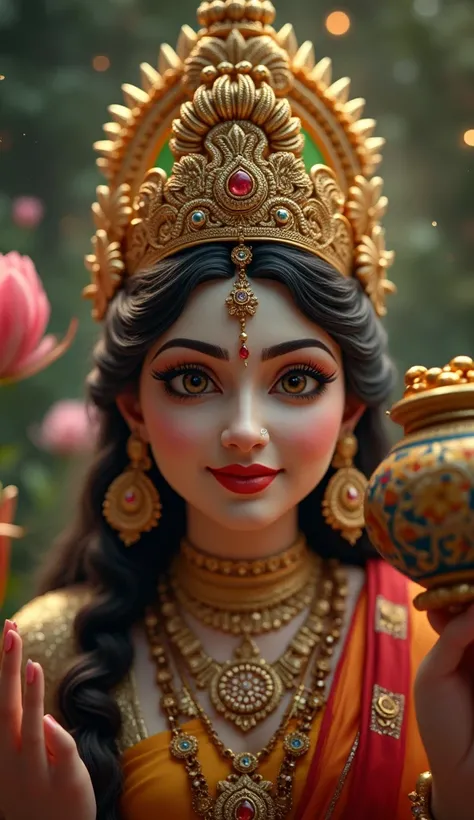 "Create an ultra-realistic image of Goddess Lakshmi, the epitome of beauty and prosperity, holding a pot full of golden coins and a blooming lotus. She should be depicted with radiant, flawless skin, glowing with a divine light. Her face should be exquisit...