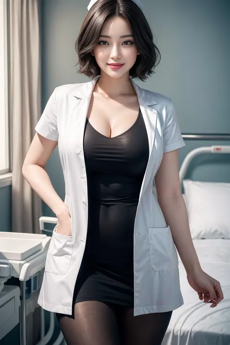 (1 Ultimate Beauty Nurse)、{{{masterpiece}}}， {Oooooh, oh, really：1.2}， best quality， official art， Highly detailed CG Unity 8k wallpaper， The facial details are very rich、delicate lips、delicate eyes、double eyelids、((black bob hair))、(Nurse:1.3)、(charming f...