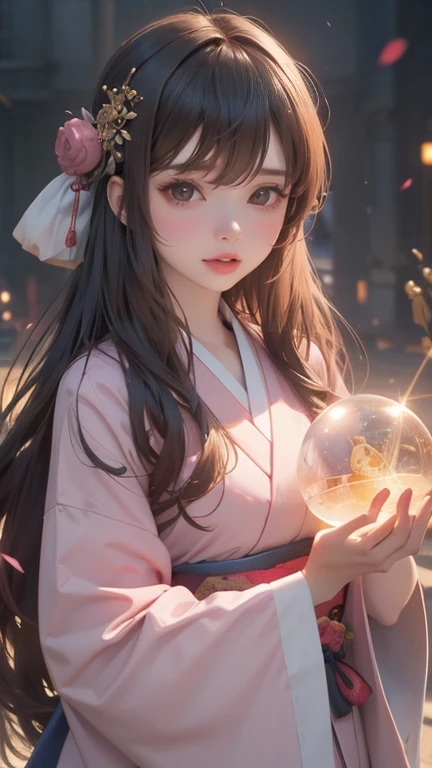 a 20 year old girl, Japanese witch in kimono、neon light in hand, An otherworldly theme that combines darkness and fantasy, 一個有著許多Magic Ball體的明亮核心, dreamlike realism, Best Quality, Best Quality, 【8k, ridiculous resolution, High quality epic, Very detailed, ...