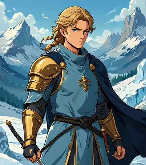 this quiet knight is male.  he has hazel eyes, a fair complexion, and wavy golden-blond hair in a mid-length braid.  he is a lit...