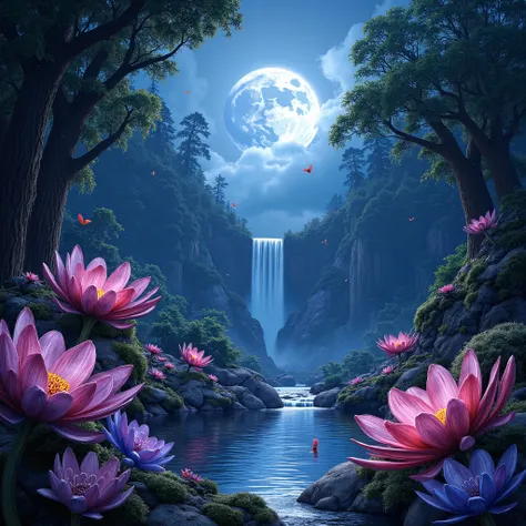 super moon,moonlit night,(Masterpiece, Best quality, High quality, A high resolution:1.4), Extremely detailed, ambient soft lighting, 4K, Outdoors, Nature, forest, green trees, Grass, a plant, Flowers, River, Caustics, water flow, Ripples, (waterfallr:1.2)...