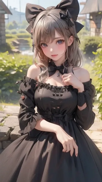 (【8k、masterpiece、desktop)azhiichigo style，Big eyes, thick lines, Blending Mode，cute,1. Goethe, Schema extension、gray hair、Landmine Division、cute Ribbon、black jumpsuit、Gray Eyes、Simple background、Background gray、(((((1 girl in、black mine suit、cute dress、Dre...