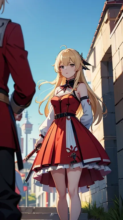 A long blonde anime girl is wearing a red dress and holding a sword, Illustrations inspired by Leigh Chevalier, Pixiv, What is it?？, April Rendering, Kshat Kretz Key Art Feminine, Katana Zero video game character, Ayaka Genshin Impact, The finer details. G...