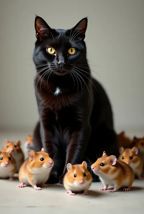 Realistic photography a black cat surrounded by Hamster 