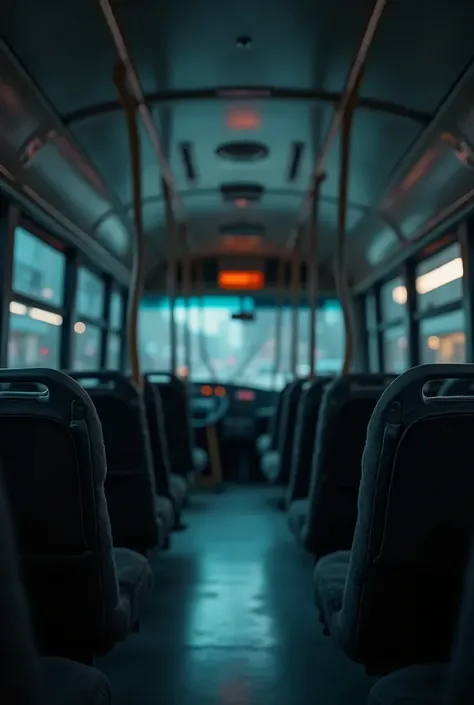 Create a realistic horizontal photo inside an empty shuttle bus at night, from back to front, focusing on the benches in the foreground of the photo and the others blurred.