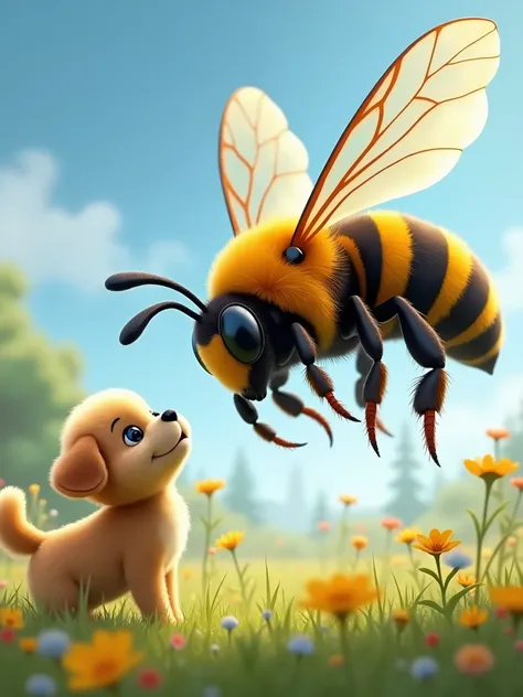 little puppy and huge bee