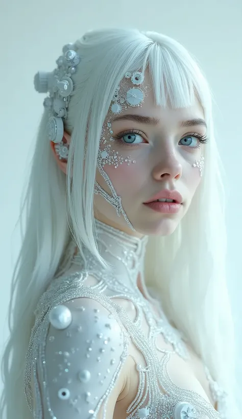 girl, focus on the face, professional photography, futuristic white makeup with geometry and mechanism, an albino girl with blue eyes, white skin, white hair,  cyberpunk, mirror reflections, glare, lots of sequins, shimmer on the body, ocular inclusions, s...