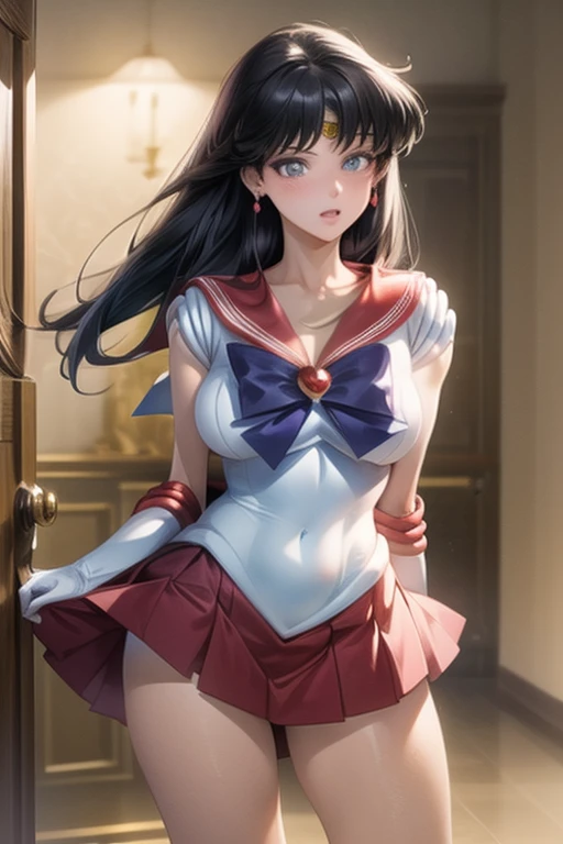 1 girl, (sailor mars)+, :d, blows, black hair, blue eyes, blush, breasts, cleavage, clavicle, avergonzado, nails, adorno para el...