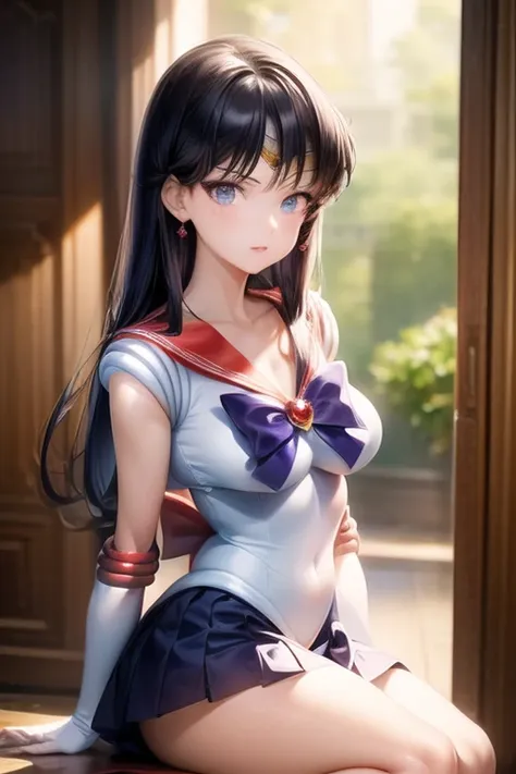 1 girl, (sailor mars)+, :d, blows, black hair, blue eyes, blush, breasts, cleavage, clavicle, avergonzado, nails, adorno para el...