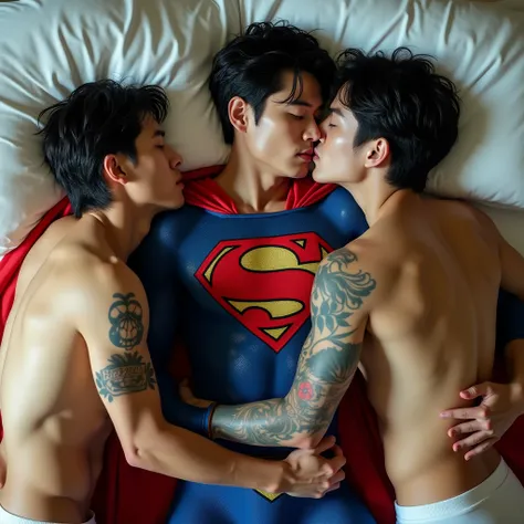 Superman, a 30-year-old Korean face, blue tights and red cape. Superman is sleeping with head on a light white pillow, wearing a blue tights, a red cape, he has his arm around two gay lovers wearing a soaked white shirt with six packs ambushed who is sleep...