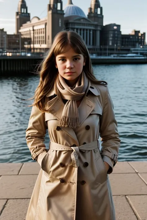 Medium Shot, soft natural light, (Mia Auer wearing a beige trench coat, scarf fluttering in the breeze), golden hour glow, (standing by Liverpool’s iconic waterfront, Pier Head, historic architecture in the background), (35mm lens, Canon EOS R5, highly det...