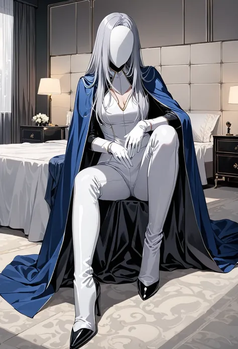 , 1girl, solo, grey full bodysuit, long blue cape, cape touches on ground, white gloves, Wide Leg Faux Leather Pant, black heel boots, grey hair, long hair, white mask covered faces, masterpiece, best quality, bed, room, sitting