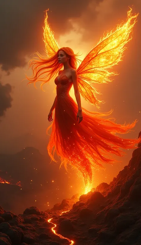 A radiant fire fairy, blazing with fiery energy, hovers above a smoldering volcanic landscape. Her wings are made of flame, flickering and dancing in the air like living fire. Her hair, a wild cascade of red, orange, and gold, glows brightly as it billows ...