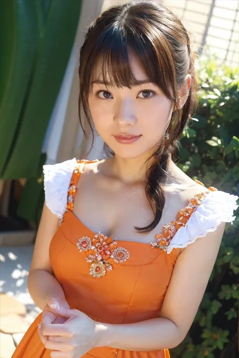 Medium Display, Medium Shot, Depth of the written border, bust, Upper Body, Movie angle, masterpiece, Please redeem, Very detailed, CG, 8K wallpaper, Beautiful Face, Delicate eyes, Otome, Alone, smile, bangs, skirt, shirt, Have, Persimmon orange dress, bow...