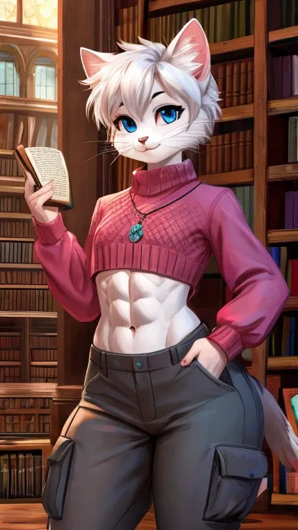 Furry, anthropomorphic, 1female, white cat, blue eyes, big ass, big hips, thick thighs, flat-chested, haircut wolfcut colour white, , small reading glasses, magenta sweater crop top, cargo pants, with a book i his hand, bankground library, bell necklace, f...