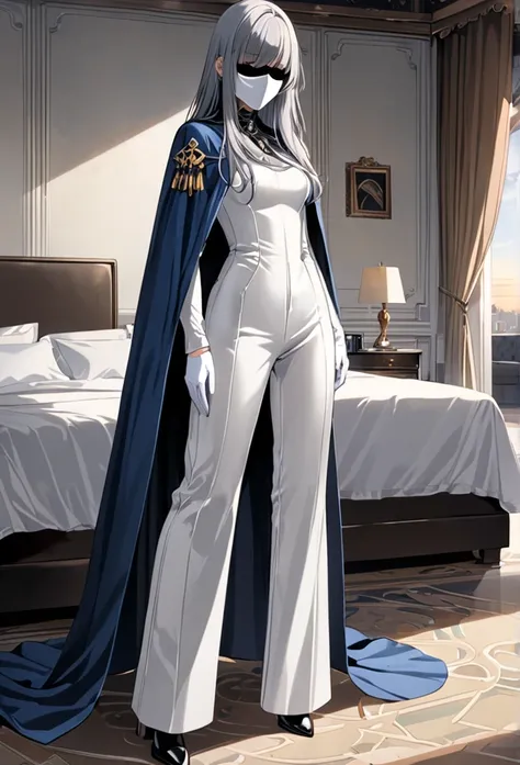 , 1girl, solo, grey full bodysuit, long blue cape, cape touches on ground, white gloves, Wide Leg Faux Leather Pant, black heel boots, grey hair, long hair, white mask covered faces, masterpiece, best quality, bed, room, standing