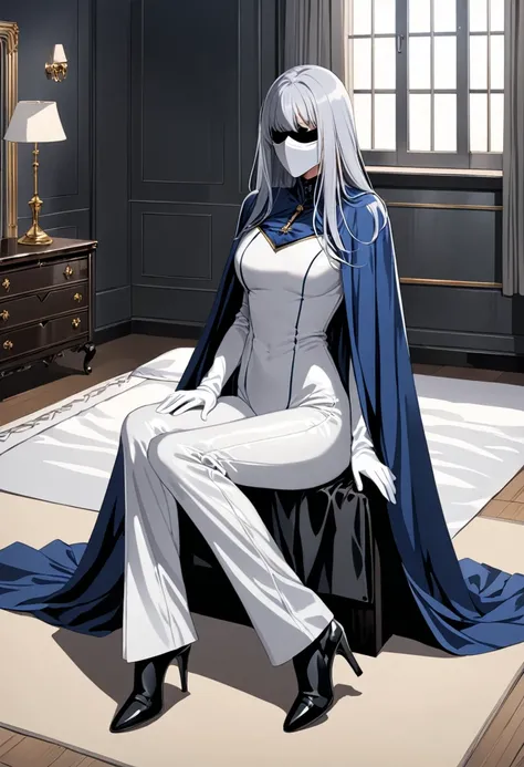 , 1girl, solo, grey full bodysuit, long blue cape, cape touches on ground, white gloves, Wide Leg Faux Leather Pants, black heel boots, grey hair, long hair, white mask covered faces, masterpiece, best quality, bed, room, sitting