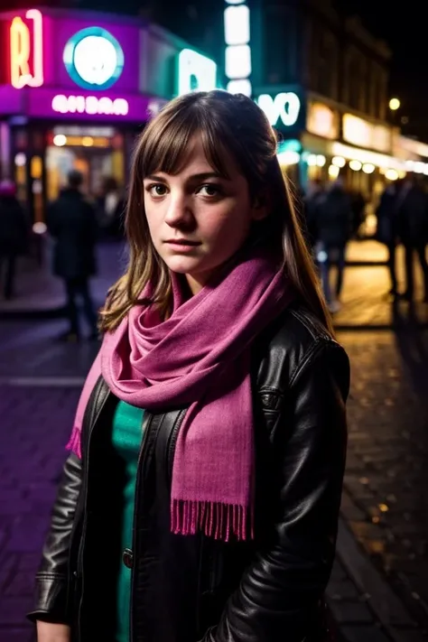 Close-Up, twilight, (Mia Auer wearing a light scarf, thoughtful expression), neon lights from nearby pubs casting a colorful glow on her face, (standing near Liverpool’s Cavern Club, deep shadows around her), (35mm lens, Leica M10, dramatic details, profes...