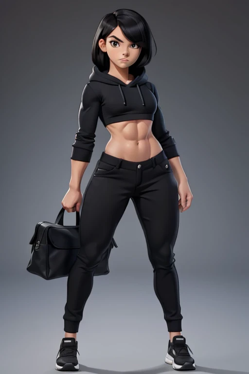 (((only one woman on picture,))) fullbody view, flat graphic style, sketchy simplified picture, flat minimalistic style, 20 yo cute woman, extremely attractive, straight black hair, stylish hoodie top, long baggy trousers, perfect sixpack abs, strong well ...