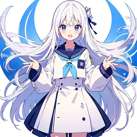 Mouth open、Pure white background、tachi-e、Standing still、Hands at sides、Long white hair、High School Uniform