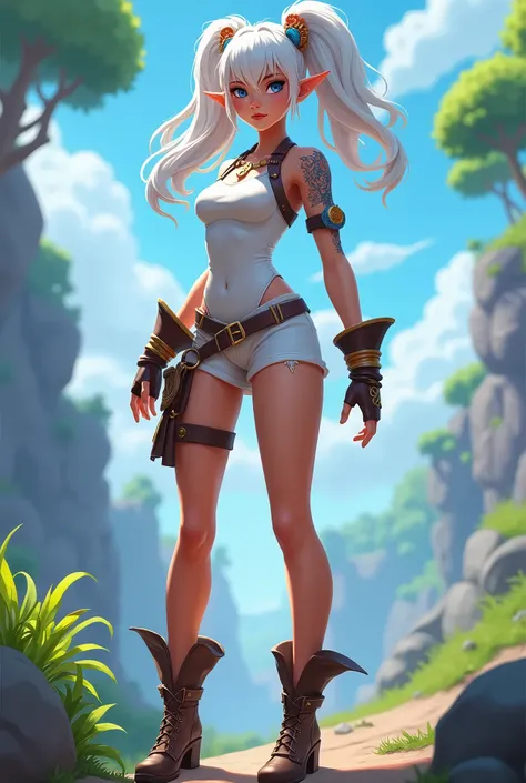 girl pointy ears fortnite style wide hips and thin waist blue eyes white hair double tied brown boots short white dress