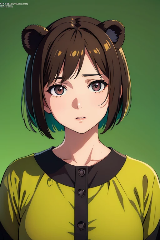 a cute 3 head anime girl, brown bobcut hair, bear ears, dark circles under eyes, green background, detailed face, hyper realistic, 8k, best quality, (photorealistic:1.4), (masterpiece:1.2), cinematic lighting, vibrant colors