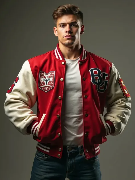 A muscular jock wearing his iconic letterman jacket while flexing his enormous bulging biceps