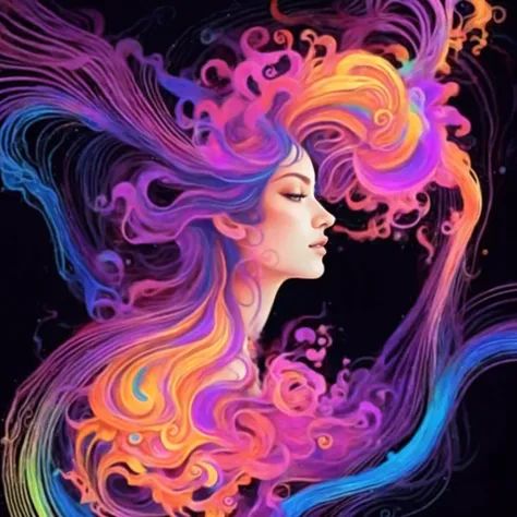 a woman with long hair and multi-colored curls on her face, psychedelic flowing hair, Psychedelic hair, Psychedelic art style, Psychedelic effects, psychedelic goddess, complex digital art, colorful illustration, great digital art, Beautiful colorful art!,...