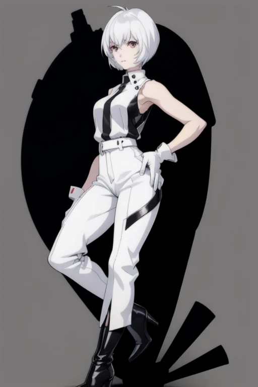 1girl, solo, black sleeveless shirt, white gloves, Wide Leg Faux Leather Pant, black heel boots, white hair, short hair, standing