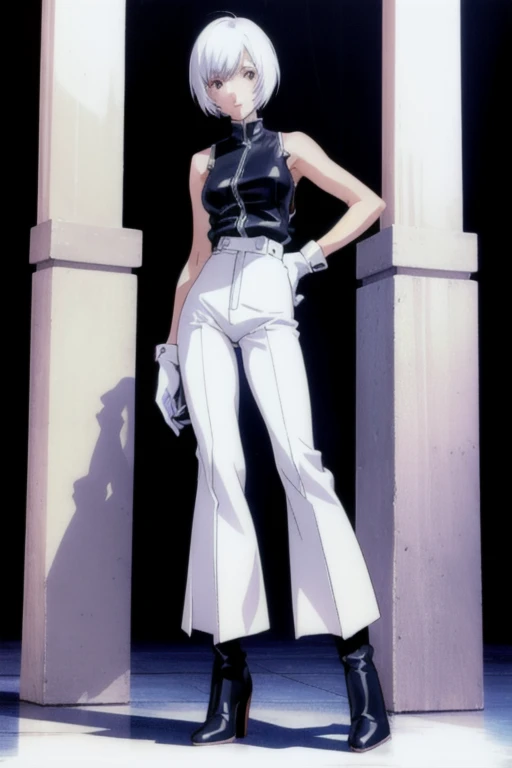 1girl, solo, black sleeveless shirt, white gloves, Wide Leg Faux Leather Pant, black heel boots, white hair, short hair, standing