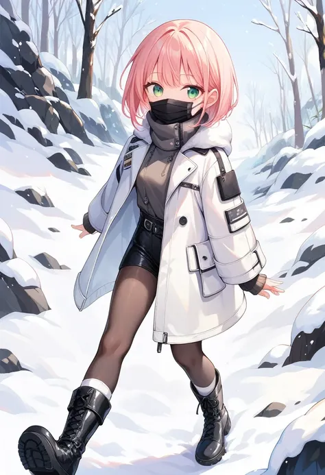 1girl, short bob cut, green eyes, black mask over mouth, light red hair, puffy white coat, black boots, white socks, black pants, snowy landscape