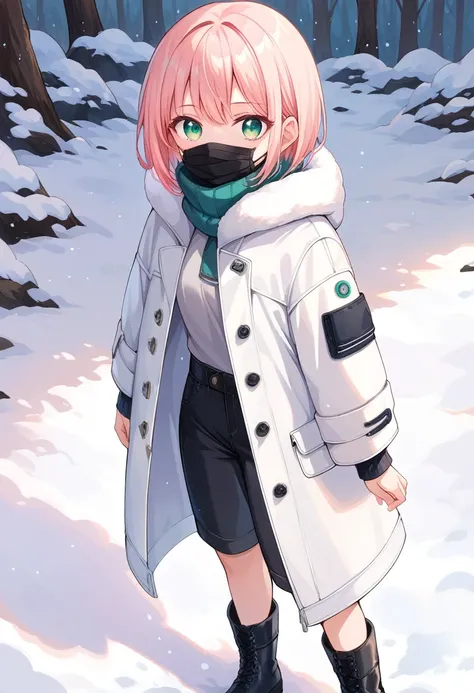 1girl, short bob cut, green eyes, black mask over mouth, light red hair, puffy white coat, black boots, white socks, black pants, snowy landscape