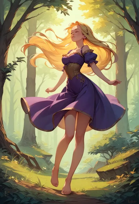 1girl, eternal long gold hair, super long hair, closed eyes, holding up gold grown, woods background, short purple dress, short, ruffled sleeves, barefoot