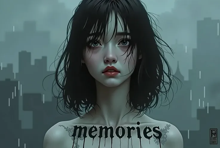 I want a sad themed album cover, whose image is of a pale woman,shoulder to head black hair,with the word "Memories" in beautiful font drawn shoulder to shoulder. cold colors