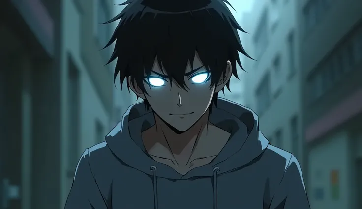 Generate me a black anime-style male character with black hair and a gray sweatshirt with scary glowing white eyes, a confident smile, and an out-of-focus background.