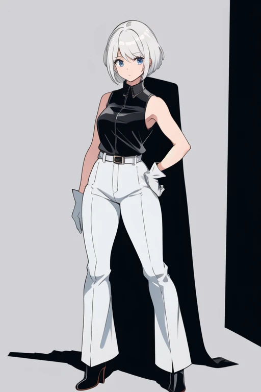 1girl, solo, black sleeveless shirt, white gloves, Wide Leg Faux Leather Pant, black heel boots, white hair, short hair, standing