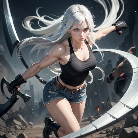 Woman with long white hair, grayish blue eyes, fringe, slightly muscular, wearing jean shorts, black boot, t-shirt, black sleeveless jacket, gloves on hands,  with a scythe in his hand, alta resolución, in fighting position