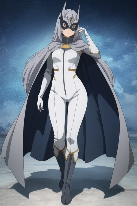 , 1girl, solo, grey full bodysuit, long blue cape, white gloves, faux pants, black heel boots, grey hair, long hair, white mask covered faces, masterpiece, best quality, cape covered whole body