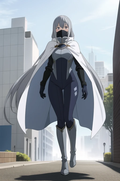 , 1girl, solo, grey full bodysuit, long blue cape, white gloves, faux pants, black heel boots, grey hair, long hair, white mask covered faces, masterpiece, best quality, cape covered whole body