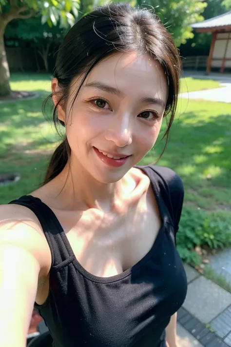 Best Quality, 8k, masterpiece, Photorealistic,((Selfie)),Realistic, 60 years old,Black underwear,((An innocent smile while sweating))Taking a walk,A beautiful Japanese woman with half-Japanese features,Black underwear,Medium Hair,Facial wrinkles, ((Upper B...