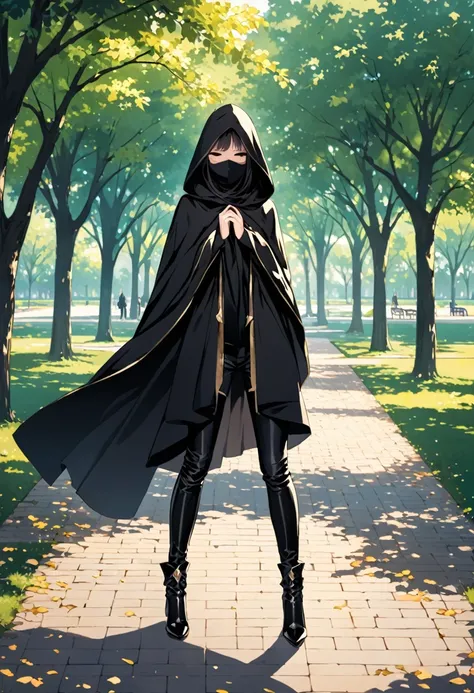 , 1girl, solo, long cape sleeves, sleeves covered hands, no hands,, long cape, cape, black cloak, hood up, black robe, mask covered face, faux pants, heels boots, hooded cloak, masterpiece, best quality,park , standing 