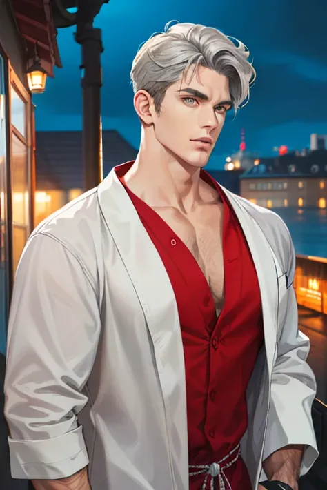 (absurd, high resolution, super detailed, realistic,), 1 male, soloist, adult, mature, tall muscular face, wide shoulders, handsome, large hair, gray hair, green eyes, angular chin, thick neck, thick eyebrows, night, dark, night view from the city backgrou...