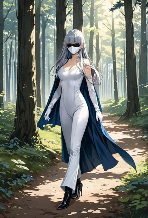 , 1girl, solo, grey full bodysuit, long blue cape, white gloves, Flared Leg PU Trousers, black heel boots, grey hair, long hair, white mask covered faces, masterpiece, best quality, walking, forest, 